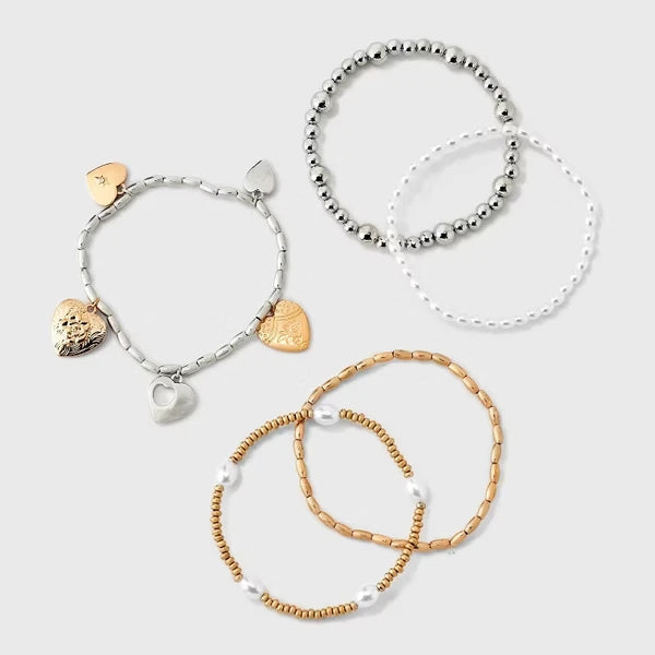 Heart Charm And Pearl Beaded Bracelet 5pc Set - Gold - view 4