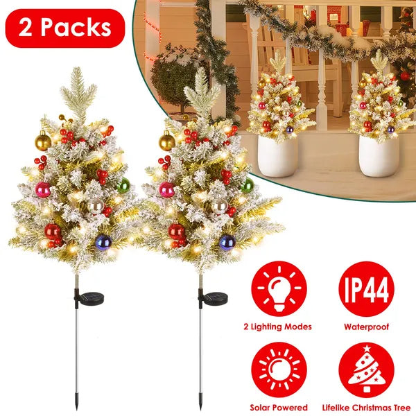 2Pcs Solar Powered Lighted Christmas Tree Urn Filler With Light Artificial Xmas Trees Light With Berries Decor Balls