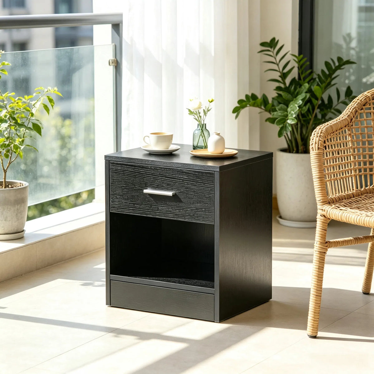 Black Wood Grain Modern Side Table with Drawer & Storage Shelf, Compact End Table for Living Room - view 7