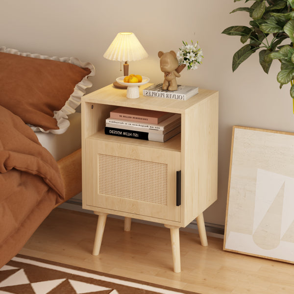 22.83'' H Rattan Nightstand, Side Table with Door Open Shelf, Accent Bedside End Table with Solid Wood Legs for Bedroom - view 4