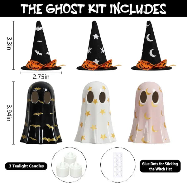 Halloween Decor Indoor, Set Of 3 Ceramic Ghosts With Witch Hats, Cute Spooky Ghost Figurines For Mantel - view 3
