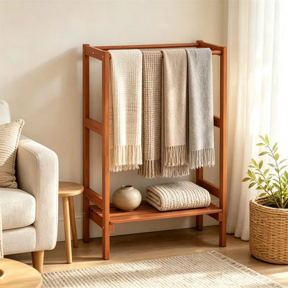 Natural Hardwood Towel Rack, Freestanding Blanket Stand with 3 Hanging Bars & Bottom Storage Shelf - view 7
