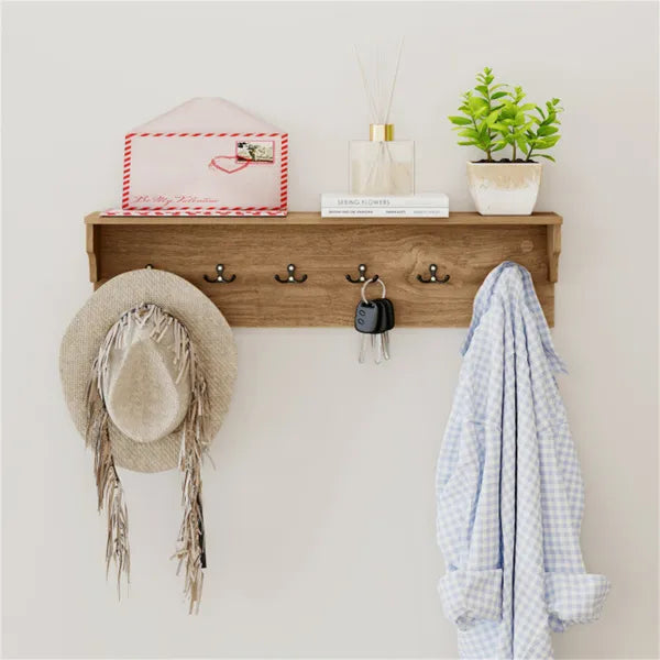 Wall Mount Coat Rack With Shelf - 31.5" x5.5" x8", 6 Hooks & 110LBS Capacity (Natural) - view 4