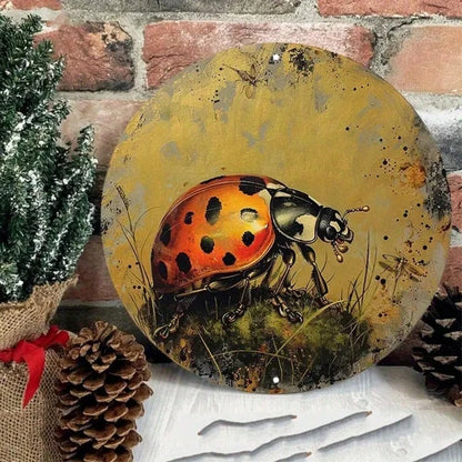 1pc 8x8 Inch Round Aluminum Metal Sign, Golden Ladybug Wall Decor, Vintage Farmhouse Wreath Door Hanging Plaque - view 4