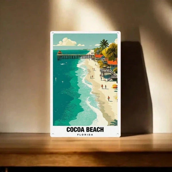 1pc Retro Cocoa Beach Florida Metal Tin Sign, Vibrant Coastal Paradise Travel Poster Wall Art, Durable Iron Home Decor - view 4