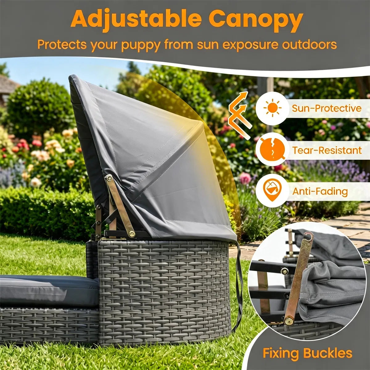 Gray Hand-Woven PE Rattan Dog Bed with Adjustable Canopy, Elevated Outdoor Pet Daybed with Washable Plush Cushion - view 8