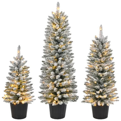 Set Of 3 Pre-lit Xmas Trees With Pot Stands, Snow Flocked Artificial Christmas Trees WithWarm Lights Battery Operated - view 2