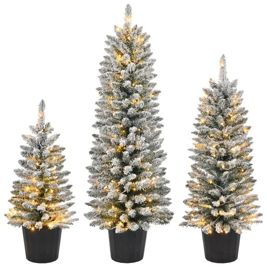 Set Of 3 Pre-lit Xmas Trees With Pot Stands, Snow Flocked Artificial Christmas Trees WithWarm Lights Battery Operated - view 2