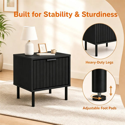 Black Fluted Drawer Nightstand Set of 2, Engineered Wood Metal Side End Table with Adjustable Foot Pads - view 4