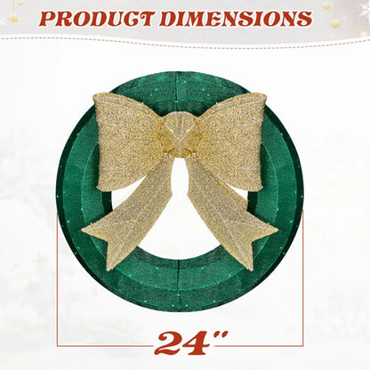 24in Pre-lit Outdoor Christmas Wreath Decoration, Lighted Metal Wreath With Golden Bow, Green And Warm White LED Lights - view 2