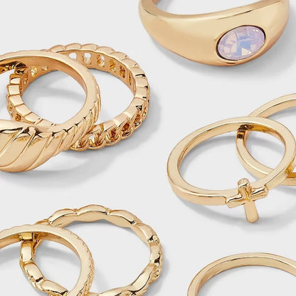 Cross And Sun 8pc Ring Set - Gold - view 2