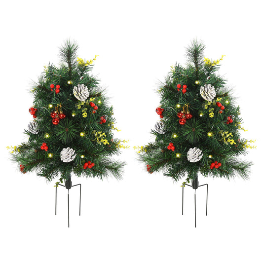 2.5ft 2 Pieces Prelit Artificial Christmas Tree With LED Light Mini Xmas Tree With Small Berry Pine Needles Pinecones