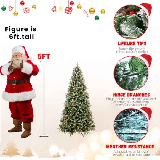 Artificial 5ft Green LED-lit Christmas Tree With 1113PE PVC Mixed Branch Tips,Red Fruit And Pine Cone - view 4