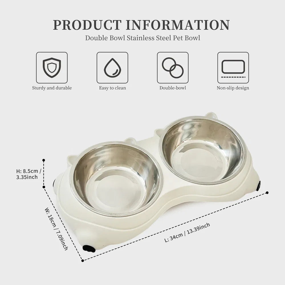 Anti Slip Base Double Cat Food Bowl, White Stainless Steel Food And Water Bowl, Easy To Clean And Detachable Design - view 5