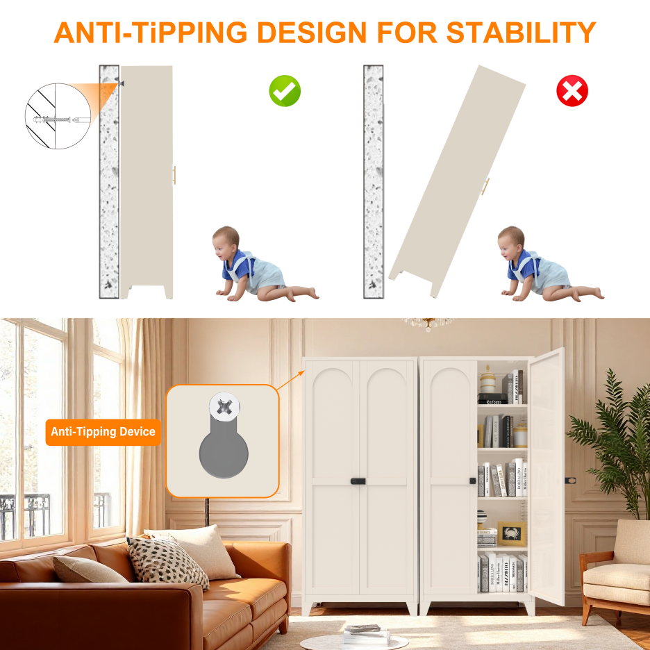 71'' 2 Shapely Door Cabinet With Lock, Metal Storage Cabinet With Doors And Adjustable Shelves, For Kitchen, Bedroom - view 10