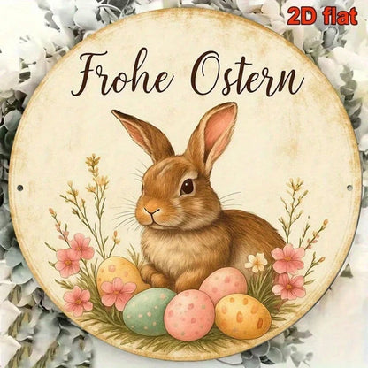 Vintage German Easter Bunny Metal Sign 8 Inch Round Aluminum Plaque - view 2