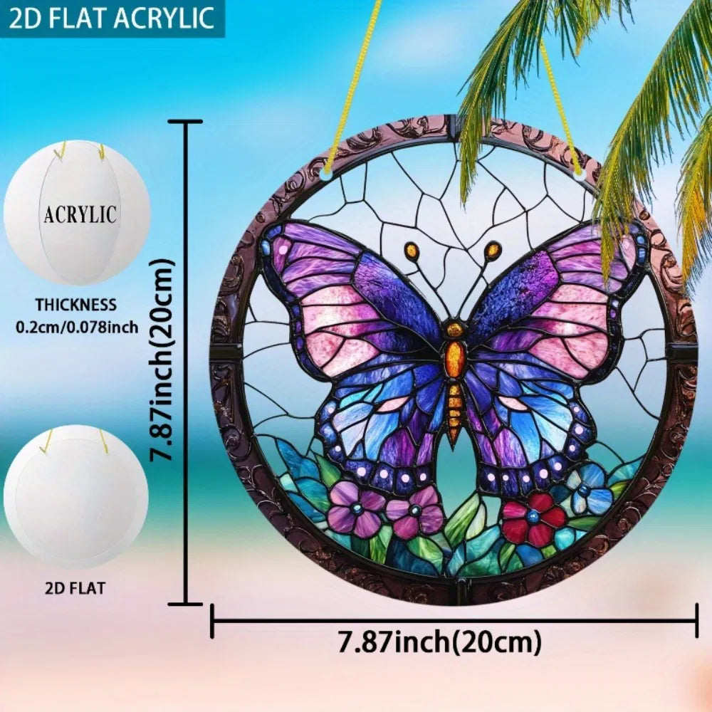High Definition Transparent Round Purple Butterfly Floral Acrylic Sun Catcher Window Decoration for Home Garden - view 2