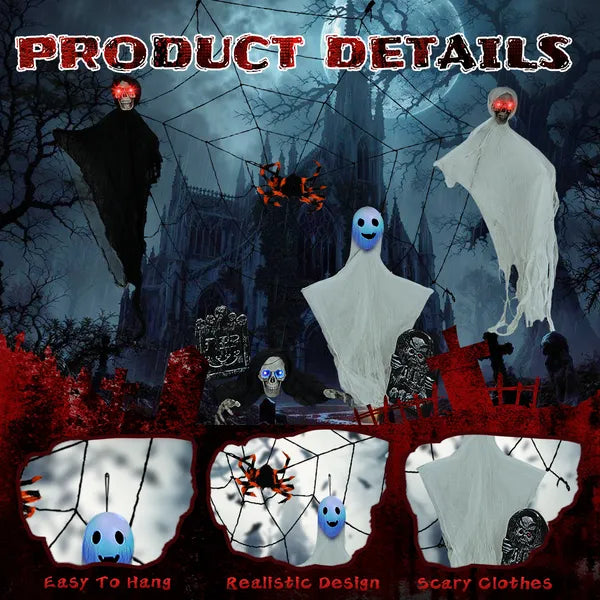 Outdoor Halloween Decorations 8-Piece Set, Hanging Ghosts Decor And Cobweb And Gravestone With Lighted Up Eyes - view 4