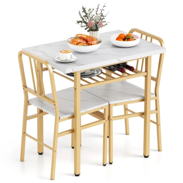 3-Piece Dining Table Set (White + Gold), Space-Saving Tuck-under Chair Design - view 2
