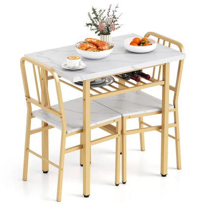 3-Piece Dining Table Set (White + Gold), Space-Saving Tuck-under Chair Design - view 2