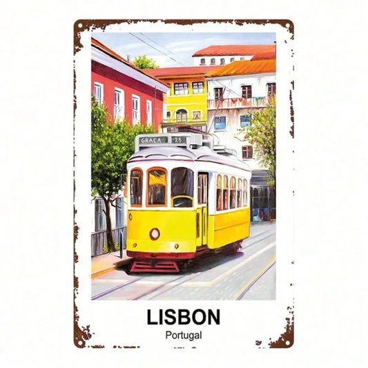 Vintage Lisbon Portugal Yellow Tram Metal Sign 8x12 Inch Retro Tinplate Wall Art