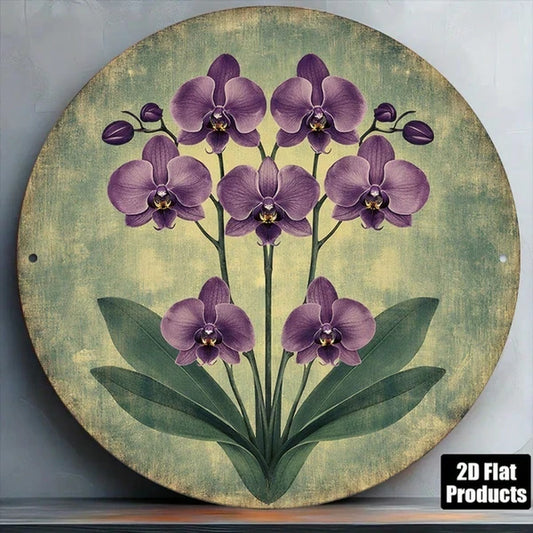 1pc 8x8in 2D Flat Round Sign Vintage, Purple Orchid, Plaque Phalaenopsis Flower Decor For Living Room Bedroom - view 2