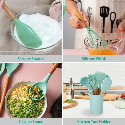 11Pcs Silicone Cooking Utensil Set Heat Resist Wooden Handle Silicone Spatula Ladle Spaghetti Server Tongs Spoon Egg - view 3