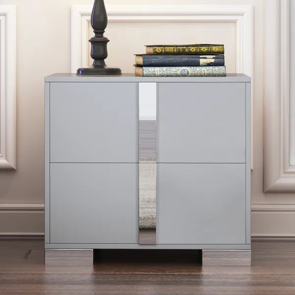 Elegant Nightstand With Metal Foot, Mirrored Bedside Table With 2 Drawers For Bedroom, Living Room, Gray - view 4