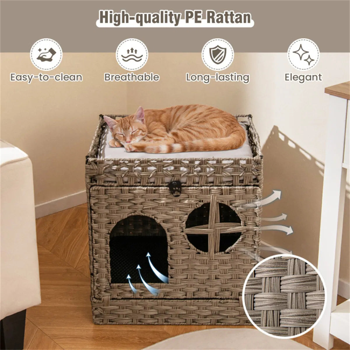 2-Tier Wicker Cat Condo with Litter Mat - Hidden Litter Box Enclosure, Detachable Washable Cushion, Gray Rattan - view 9