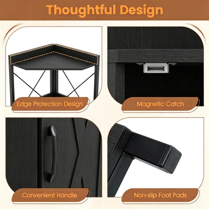 Freestanding Corner Display Shelf, Black Engineered Wood & Metal Bookcase with Concealed Cabinet - view 8