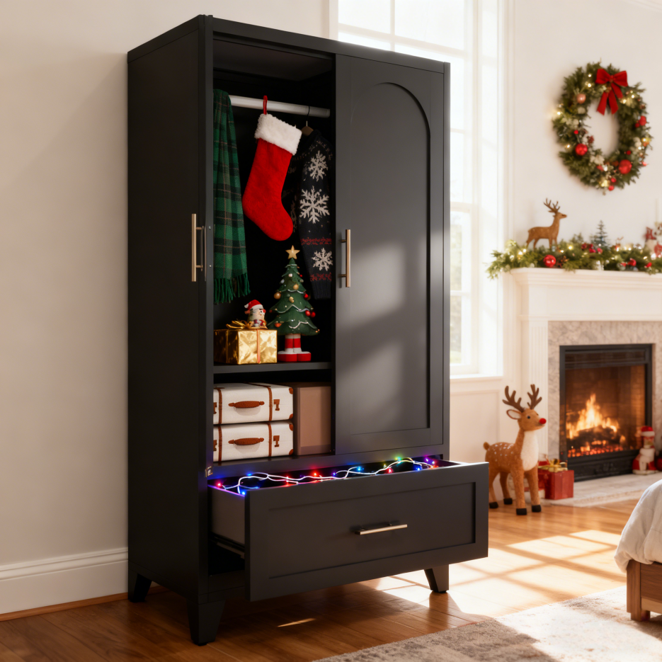 60inch Tall Metal Wardrobe Cabinet With 1 Drawer And Hanging Rod, 2 Doors Wardrobe Closet With Shelf For Bedroom - view 6