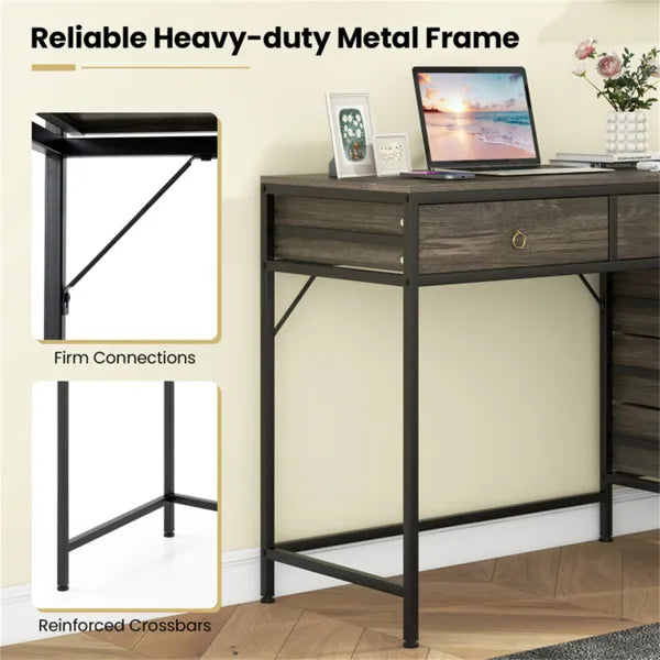 Home Office Dual Desktop Desk With 5 Storage Drawers, Powder-Coated Metal Frame Engineered Wood - view 6