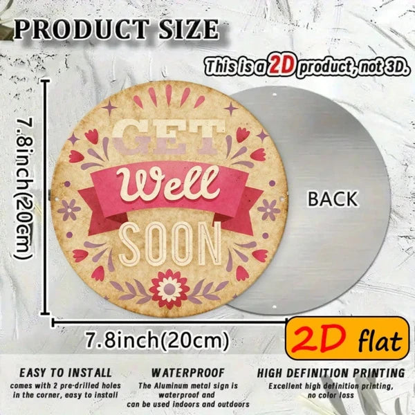 1pc Get Well Soon Gift, " Round Aluminum" Aluminum Wall Plaque, Plaque, Pink & Beige Floral & Hearts Design - view 2