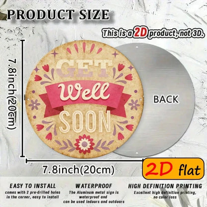 1pc Get Well Soon Gift, " Round Aluminum" Aluminum Wall Plaque, Plaque, Pink & Beige Floral & Hearts Design - view 2