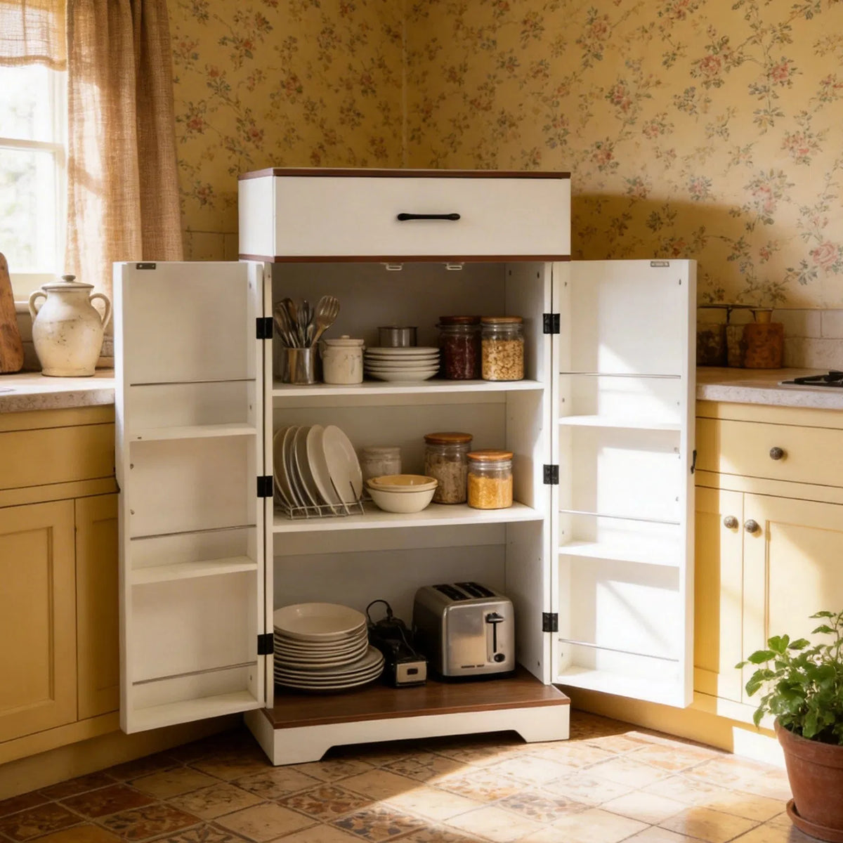 Farmhouse Kitchen Pantry Cabinet - 472" Tall Wood Kitchen Storage Cabinets with Adjustable Shelves Barn Style Doors - view 3