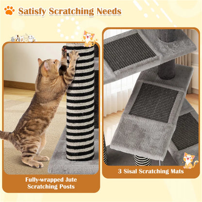 37" tall Cat Stairs with Scratching Mats - 3-Tier Perches, Spring Ball & Dangling Toys for Cats - view 4