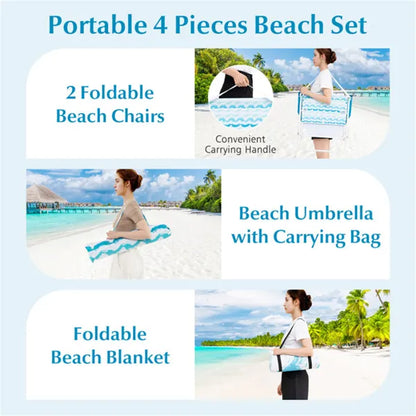 4-Piece Beach Set With 6.2ft Sun-Proof Umbrella, 2 Folding Chairs & 80 X 80 Waterproof Blanket-Blue - view 4