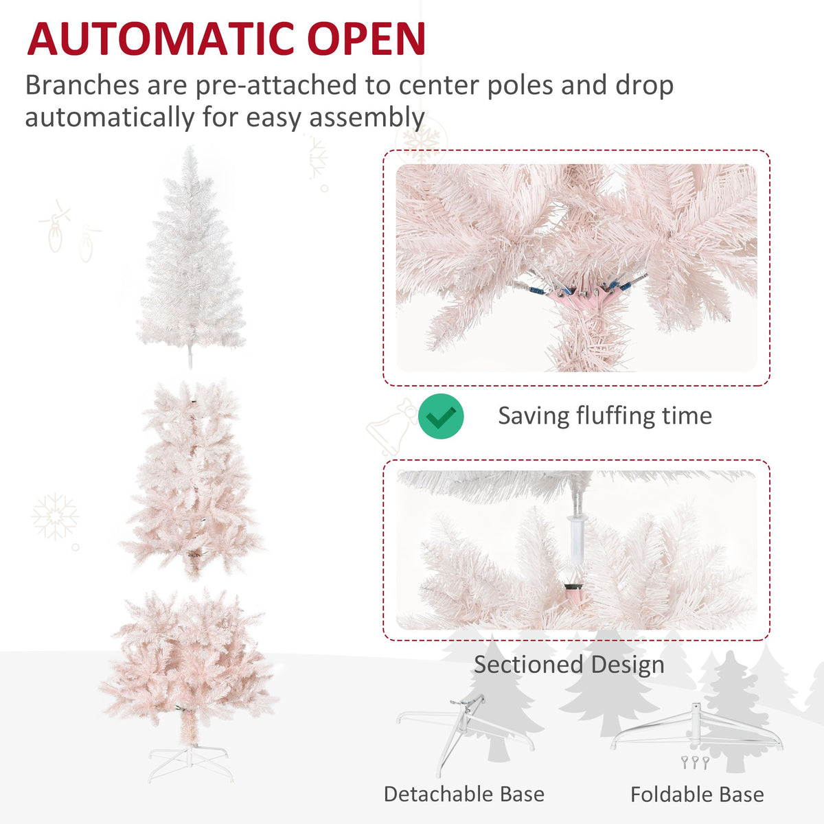 6ft Pencil Artificial Christmas Tree With Pine Realistic Branches, Auto Open, Pink And White - view 2