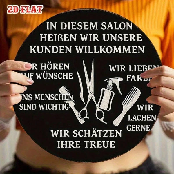 1pc Vintage German & French Welcome Sign, 8-Inch Round Hair Salon Wall Decor With Barber Pole Scissors & Comb Design - view 2