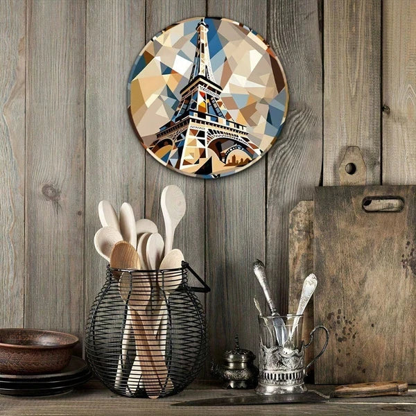 Vintage Eiffel Tower Metal Sign 7.87x7.87 Inch, Geometric Round Decorative Wall Art For Home Cafe Garage - view 3