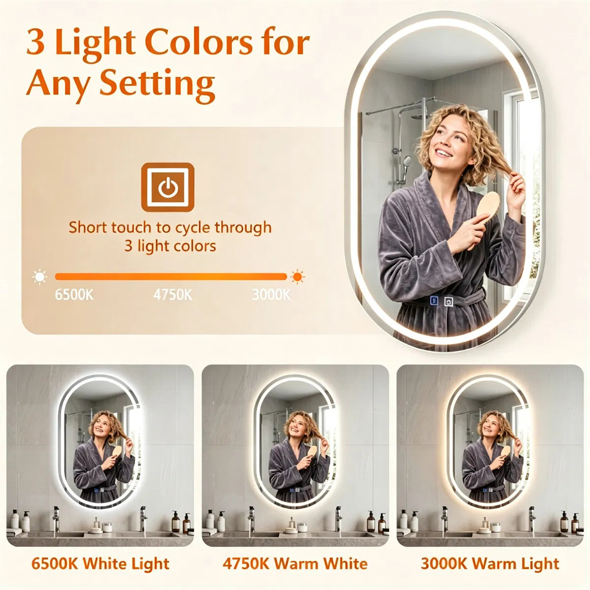 32x20" Oval LED Backlit Bathroom Mirror, 3 Color Temperatures Stepless Dimmable Vanity Mirror - view 5