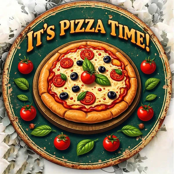 1pc 2D Flat Round Sign Pizza Time Retro, "Decorative Plaque 8x8in" Delicious Pizza - view 2