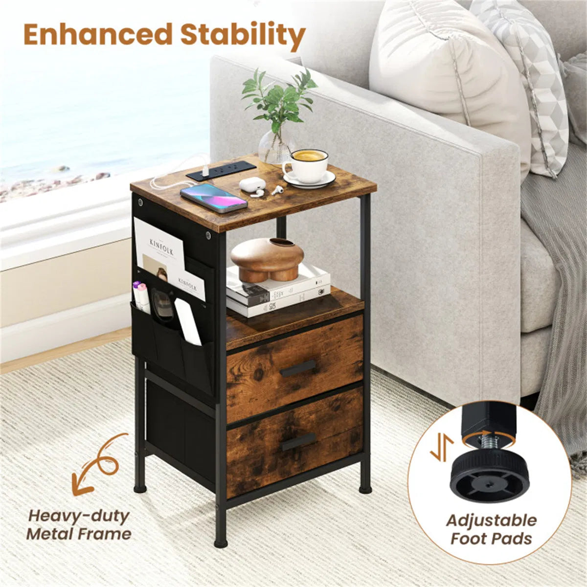2pcs Nightstand with LED Lights & Charging Station, 2 Folding Fabric Drawers - view 4