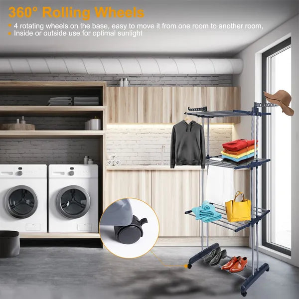Clothes Drying Rack Rolling Collapsible Laundry Dryer Hanger Stand Rail Shelve Wardrobe Clothing Drying Racks - view 4