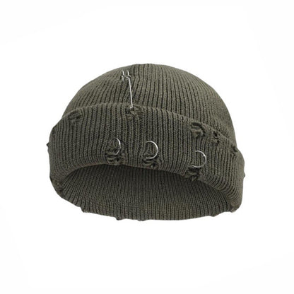Iron Ring Pin Ripped Knit Beanie - view 8