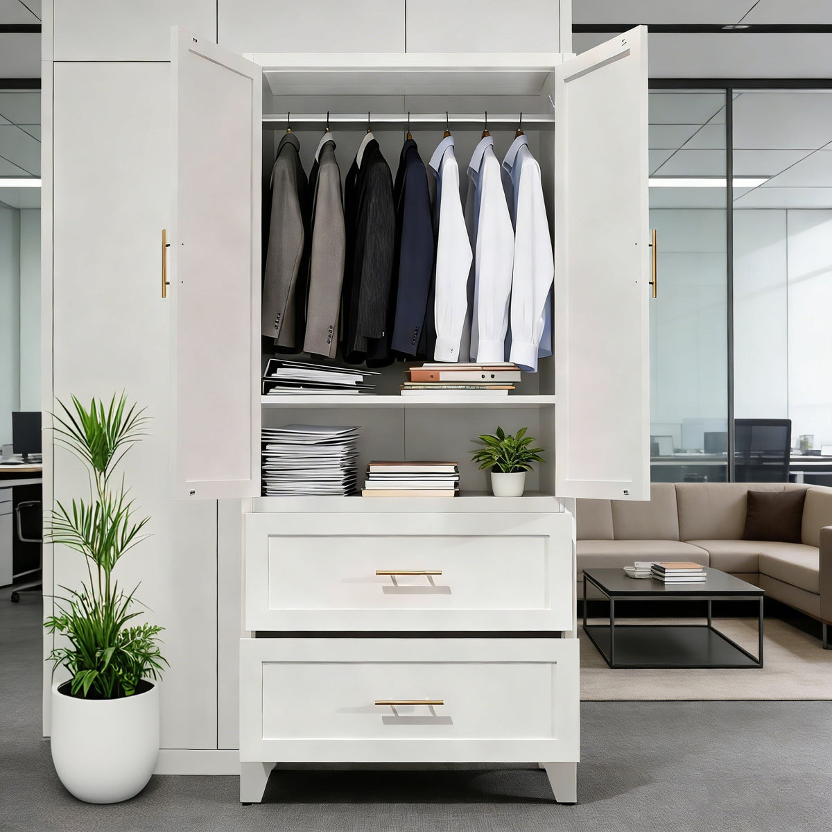 71inch Tall Metal Wardrobe Cabinet With 2 Drawers And Hanging Rod, 2 Doors Wardrobe Closet With Shelf For Bedroom - view 6