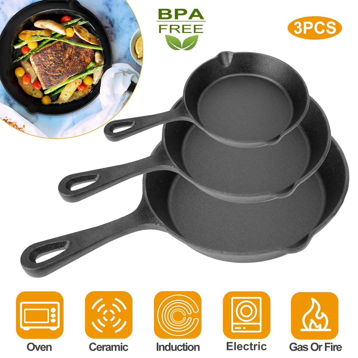 3Pcs Pre-Seasoned Cast Iron Skillet Set 6 8 10in Non-Stick Oven Safe Cookware Heat-Resistant Frying Pan - view 4
