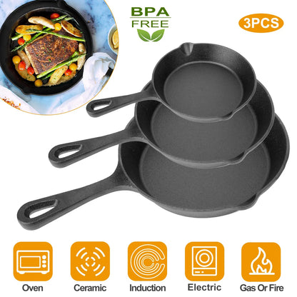 3Pcs Pre-Seasoned Cast Iron Skillet Set 6 8 10in Non-Stick Oven Safe Cookware Heat-Resistant Frying Pan - view 4