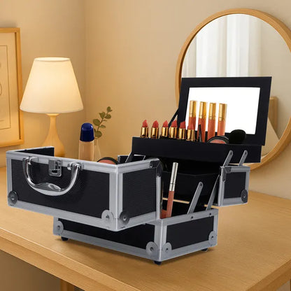 Portable Diamond Texture Aluminum Makeup Storage Bag With Mirror & Key Black - view 5