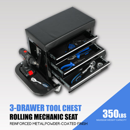 3-Drawer Tool Chest Rolling Mechanic Seat With Tool Trays,350lbs Max Weight Capacity,Black - view 6